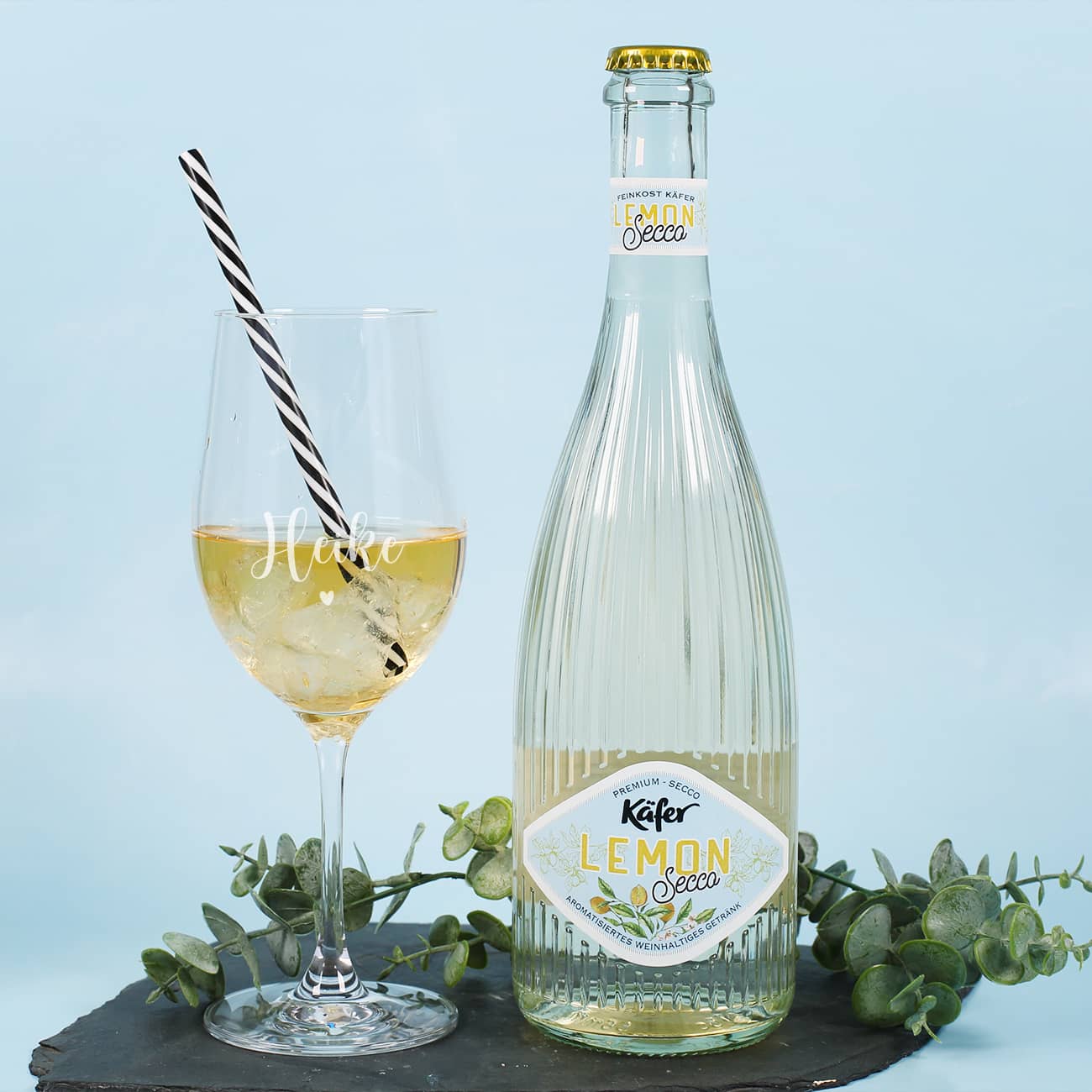 Fruchtsecco Lemon mit passenden Glas mit Namensgravur