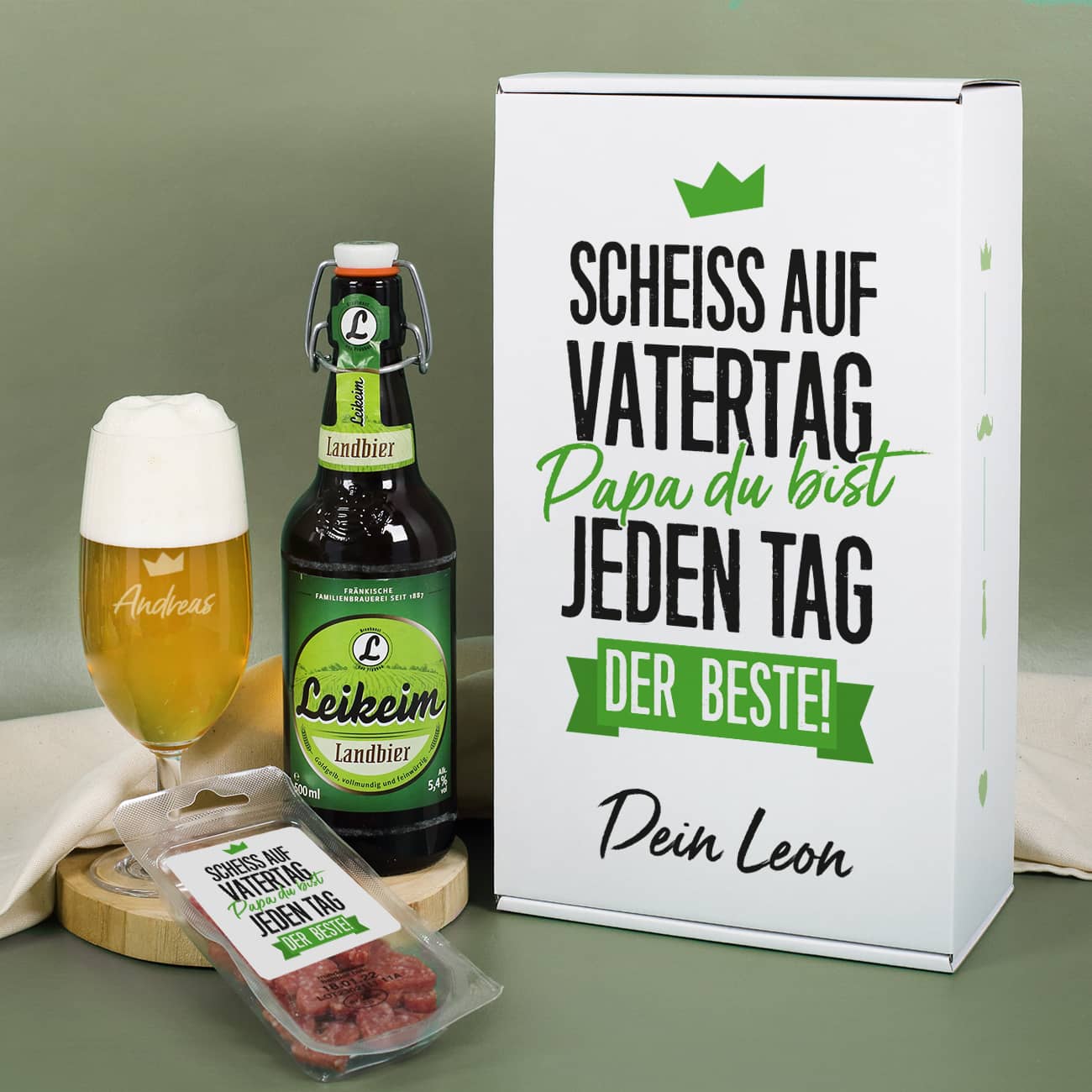 Bier-Geschenkset zum Vatertag in persönlicher Box mit graviertem Glas und Snack