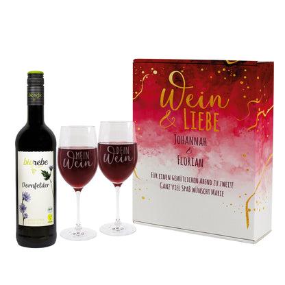 Liebe und Wein - Wein Geschenk Set mit zwei gravierten Weingläsern und Biorebe Wein
