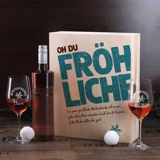 Weihnachtsliches Weinset mit zwei Gläsern