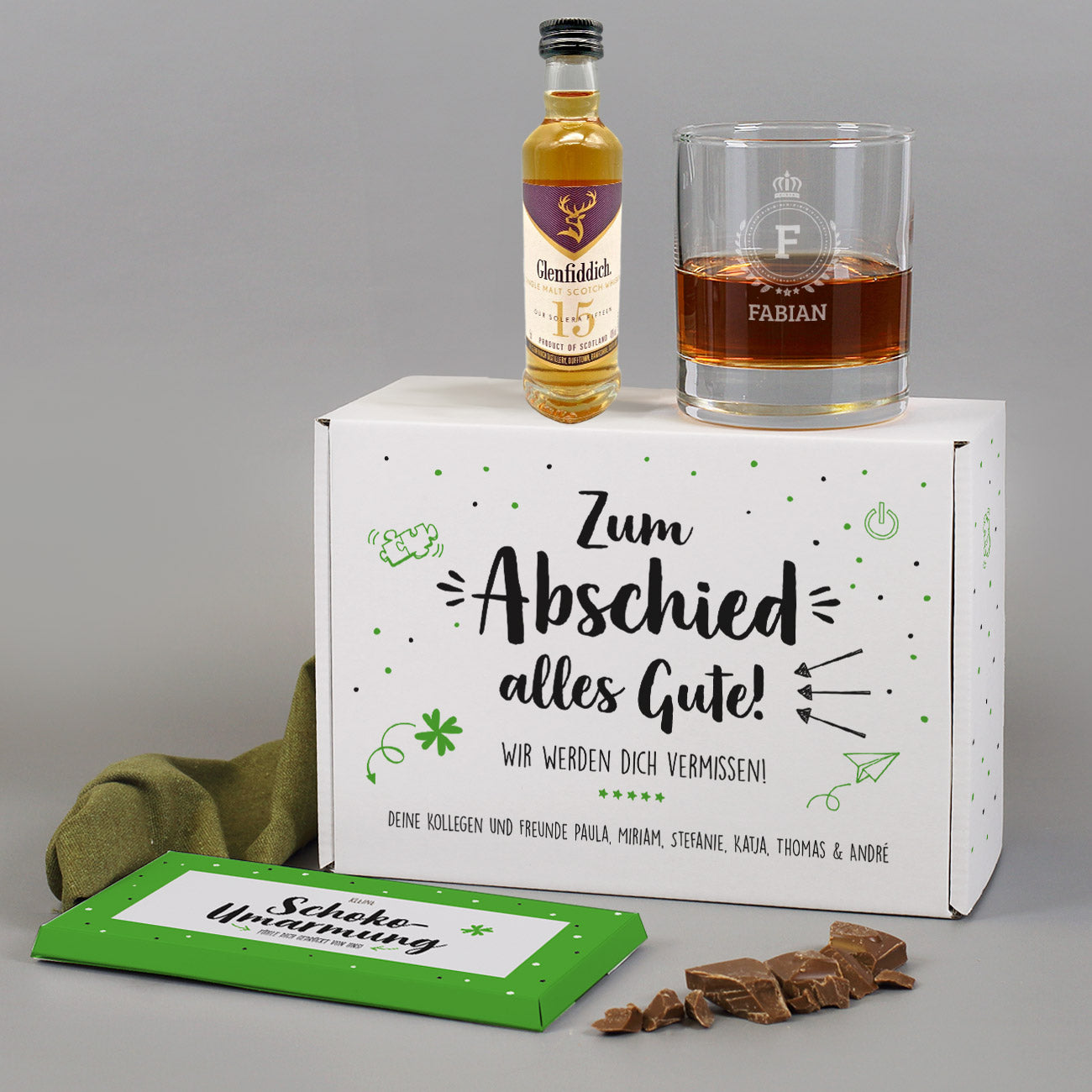 Whisky-Geschenkset zum Abschied mit Glenfiddich, graviertem Glas und Schokolade