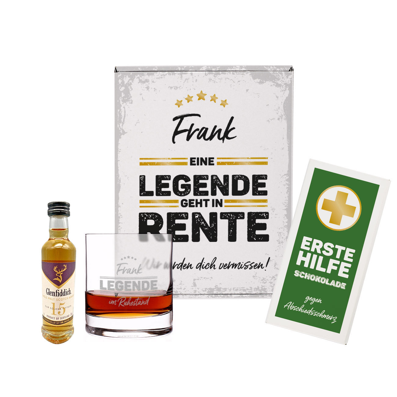 Legende in Rente Whisky-Geschenkset mit Glenfiddich, graviertem Glas und Schokolade