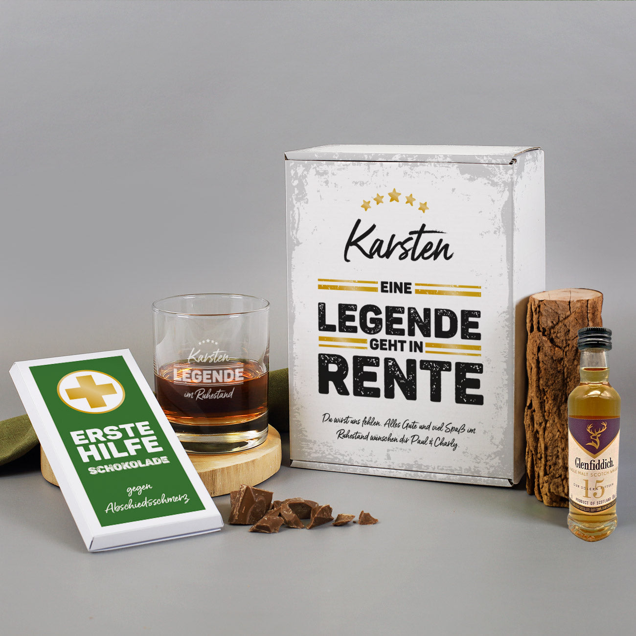 Legende in Rente Whisky-Geschenkset mit Glenfiddich, graviertem Glas und Schokolade