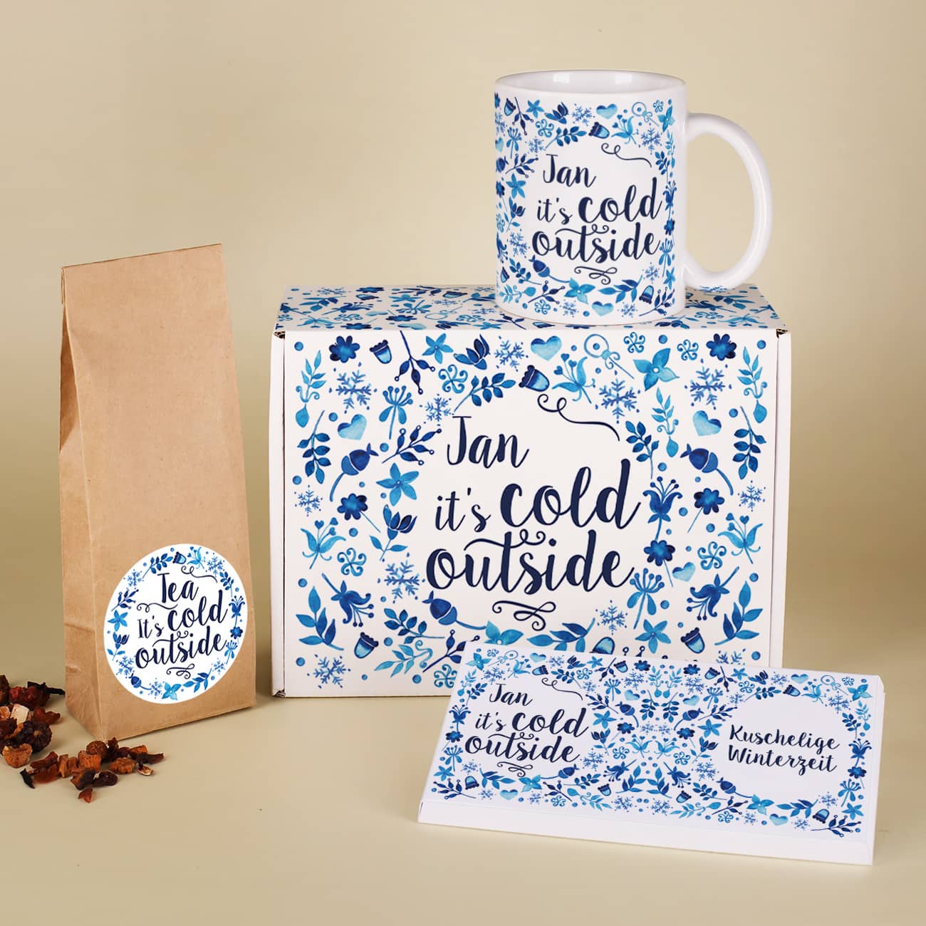 Winterliches Geschenkset mit Tasse, Tee, Schokolade