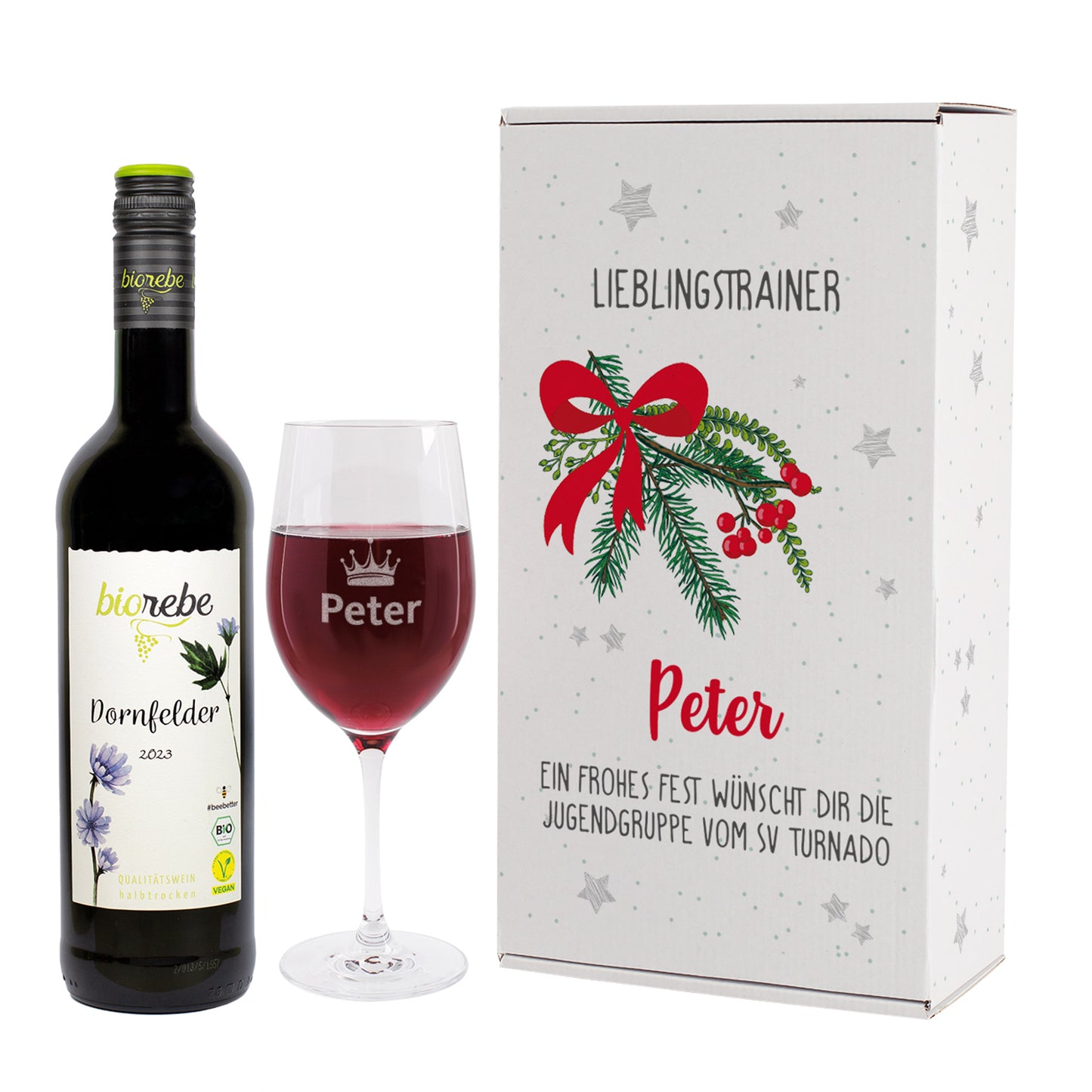 Geschenkset mit Biorebe Dornfelder Rotwein, graviertem Weinglas „Peter“ und weihnachtlicher Geschenkbox „Lieblingstrainer“ mit Tannenzweig und Schleife