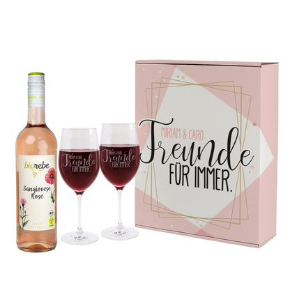 Geschenkset "Freunde für immer" in personalisierter Geschenkbox mit Biorebe Wein und Gläsern