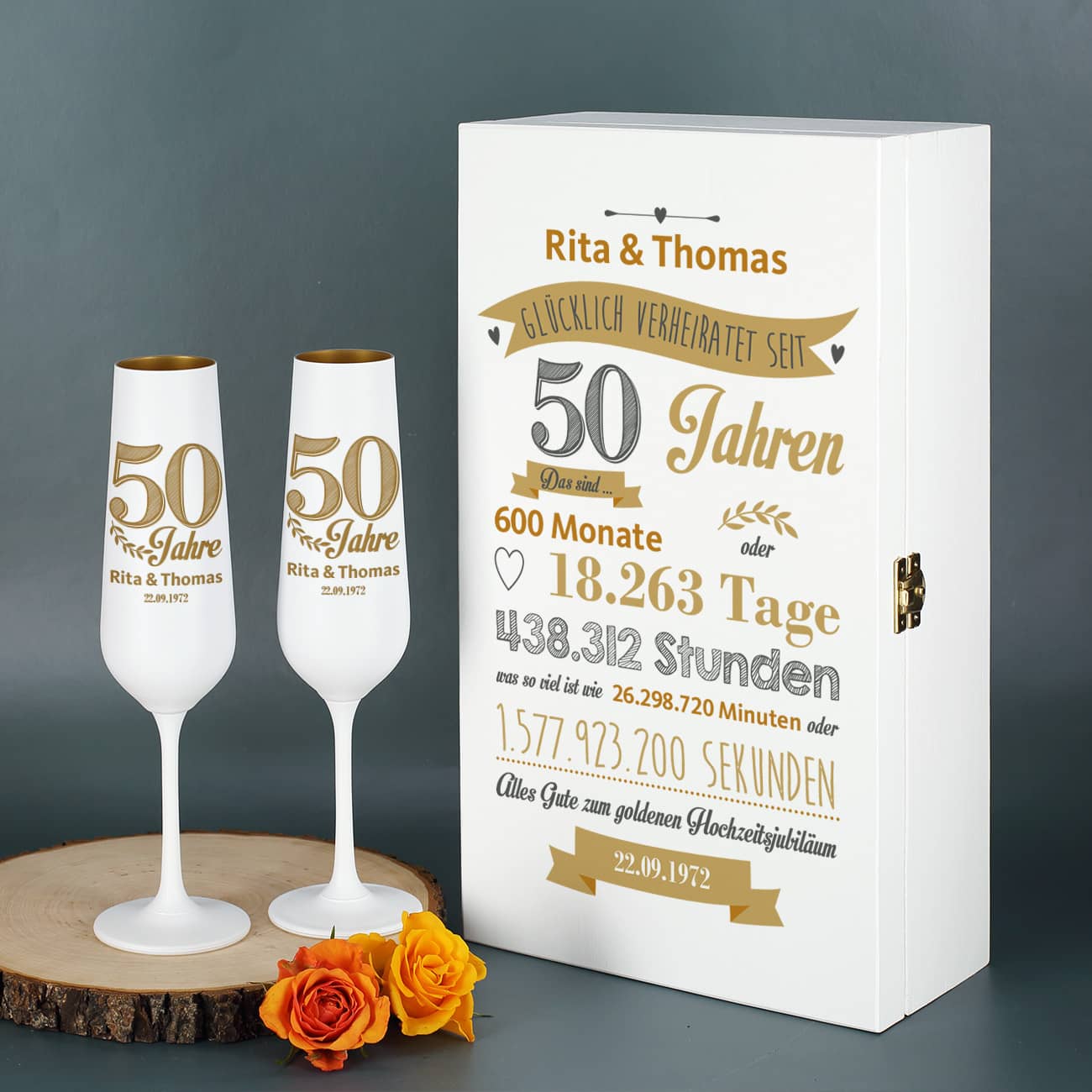 Geschenkset zur goldenen Hochzeit mit Sektgläsern und Holzbox