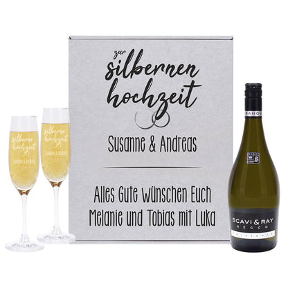 Silberhochzeits-Secco und zwei gravierte Sektgläser in einer Box
