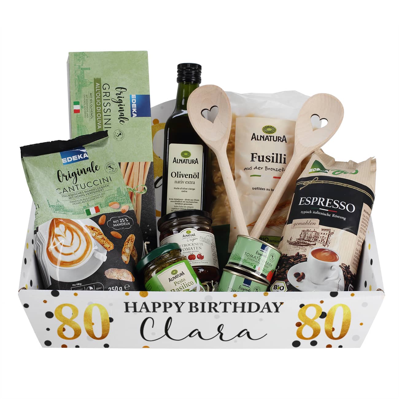 Gefüllter Geschenkkorb zum Geburtstag mit italienischen Leckereien