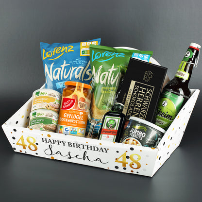 Geschenkkorb zum Geburtstag mit Name und Alter bedruckt - wahlweise gefüllt