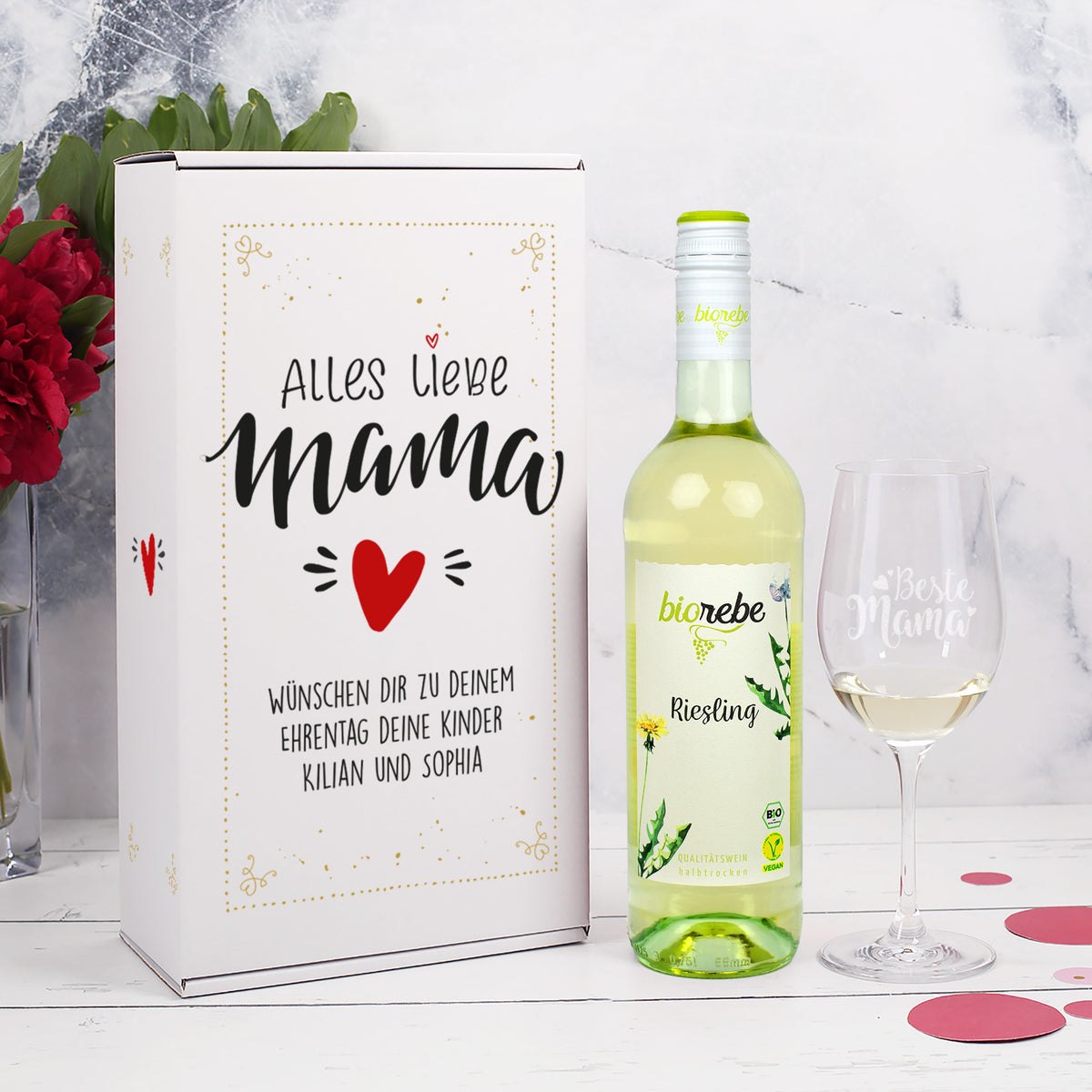 Biorebe Wein Geschenkset zum Muttertag mit Weinglas in Geschenkbox | Geschenk für Mama