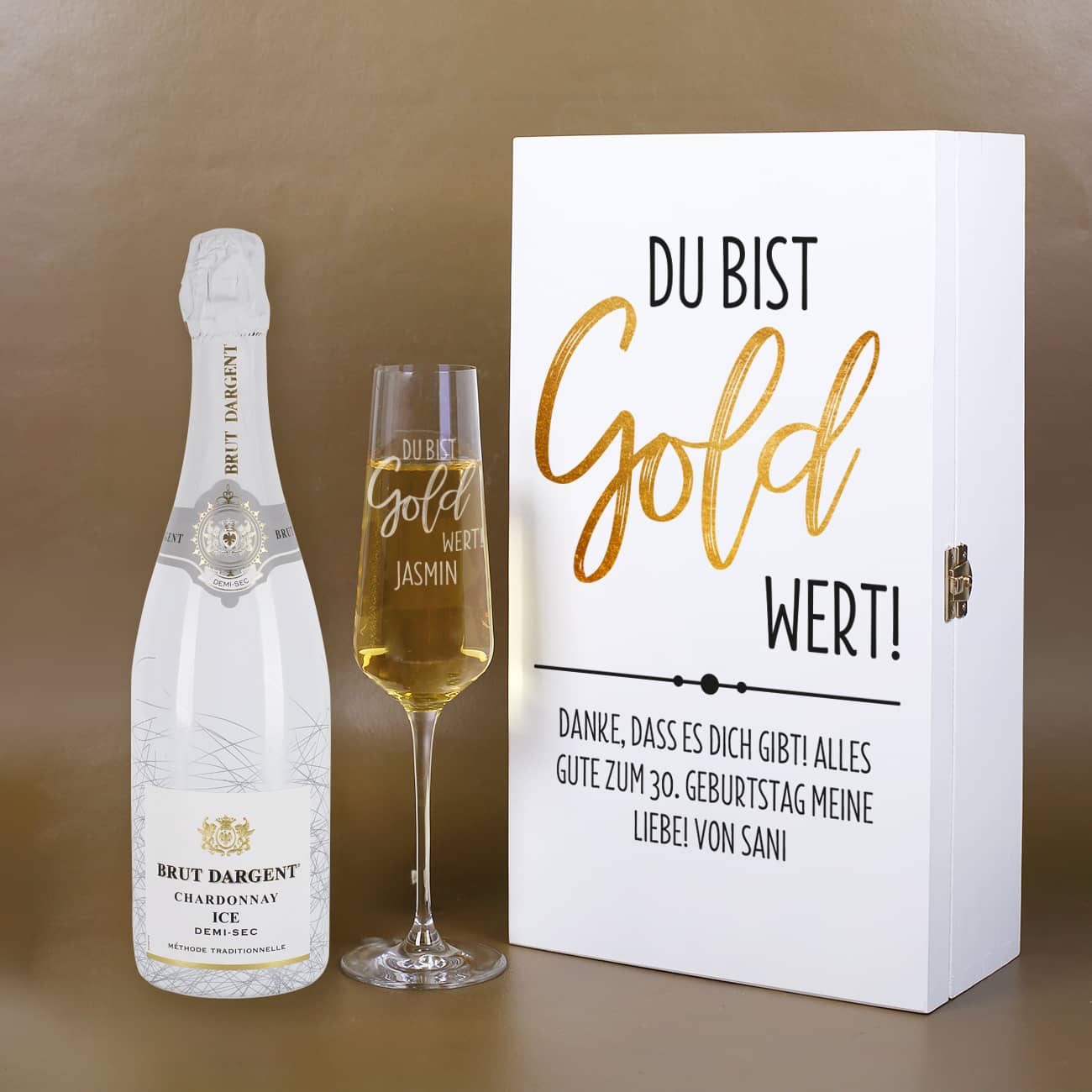 Geschenkset "Du bist Gold wert!" mit Sektglas, Sekt Brut d'Argent und Geschenkkiste