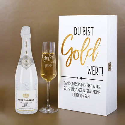 Geschenkset "Du bist Gold wert!" mit Sektglas, Sekt Brut d'Argent und Geschenkkiste