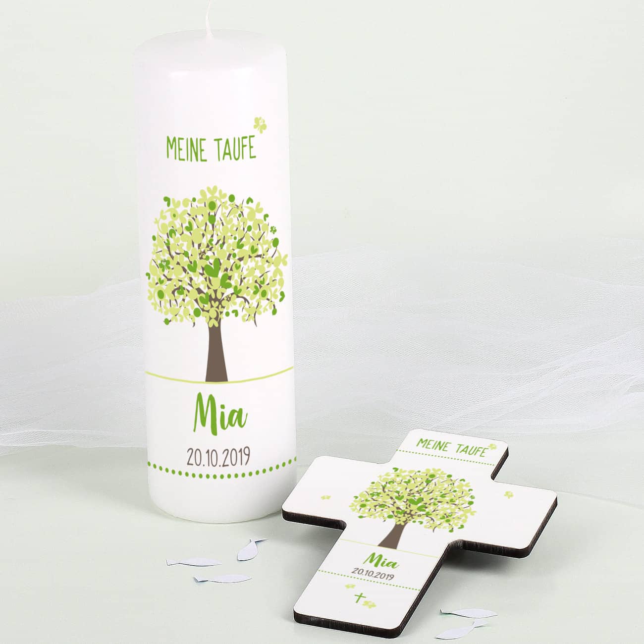 Lebensbaum Taufset mit Kerze und Kreuz