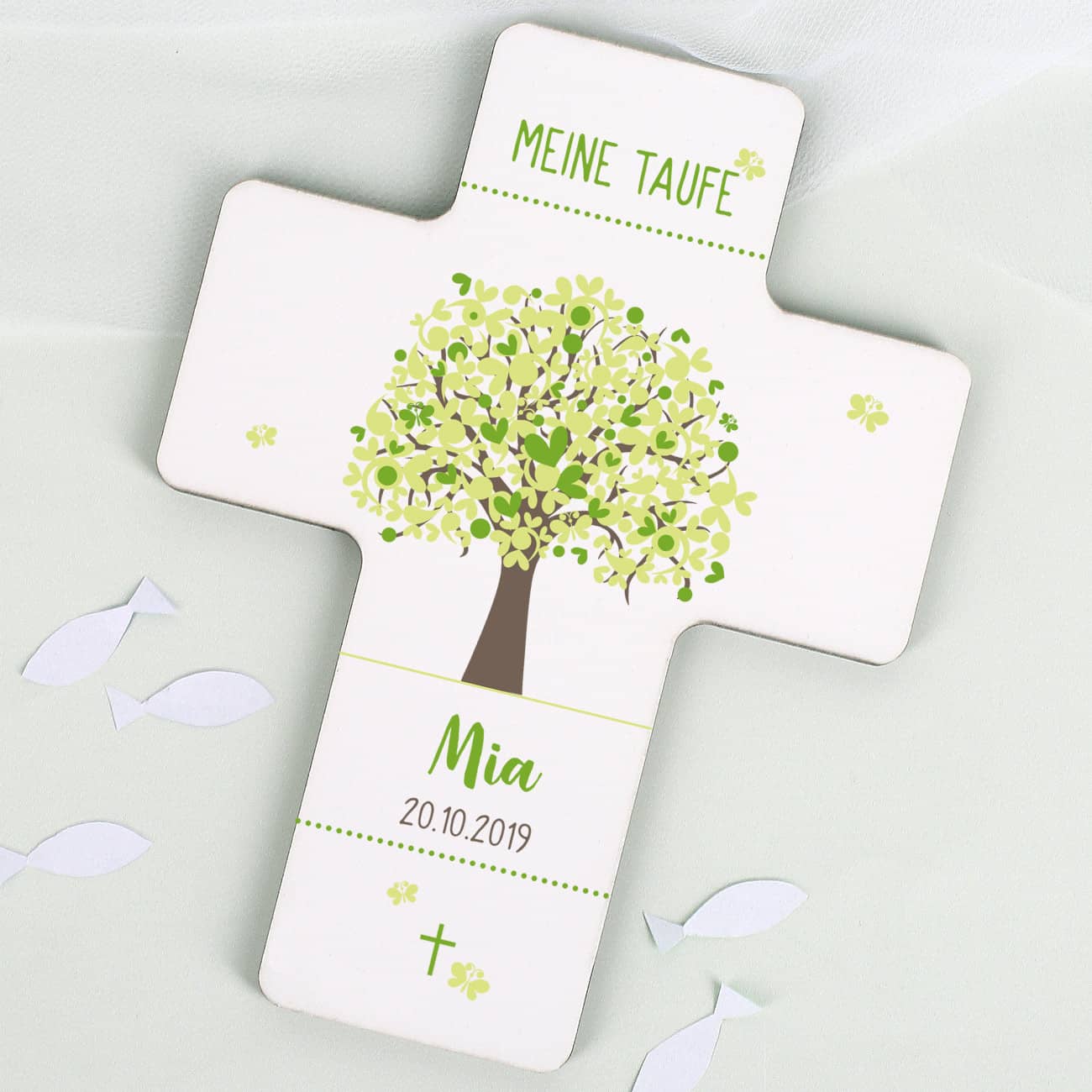 Taufkreuz mit Lebensbaum und Ihrem Namen bedruckt