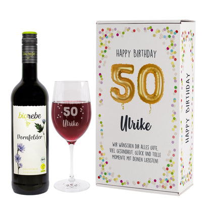 Happy Birthday 50 - Geschenkset mit Biorebe Wein und Weinglas in Geschenkbox