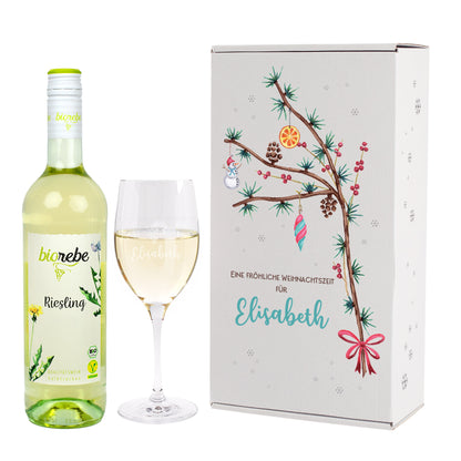 Wein-Geschenkset zu Weihnachten mit Biorebe Wein, Weinglas in festlicher Geschenkbox | 3 Sorten