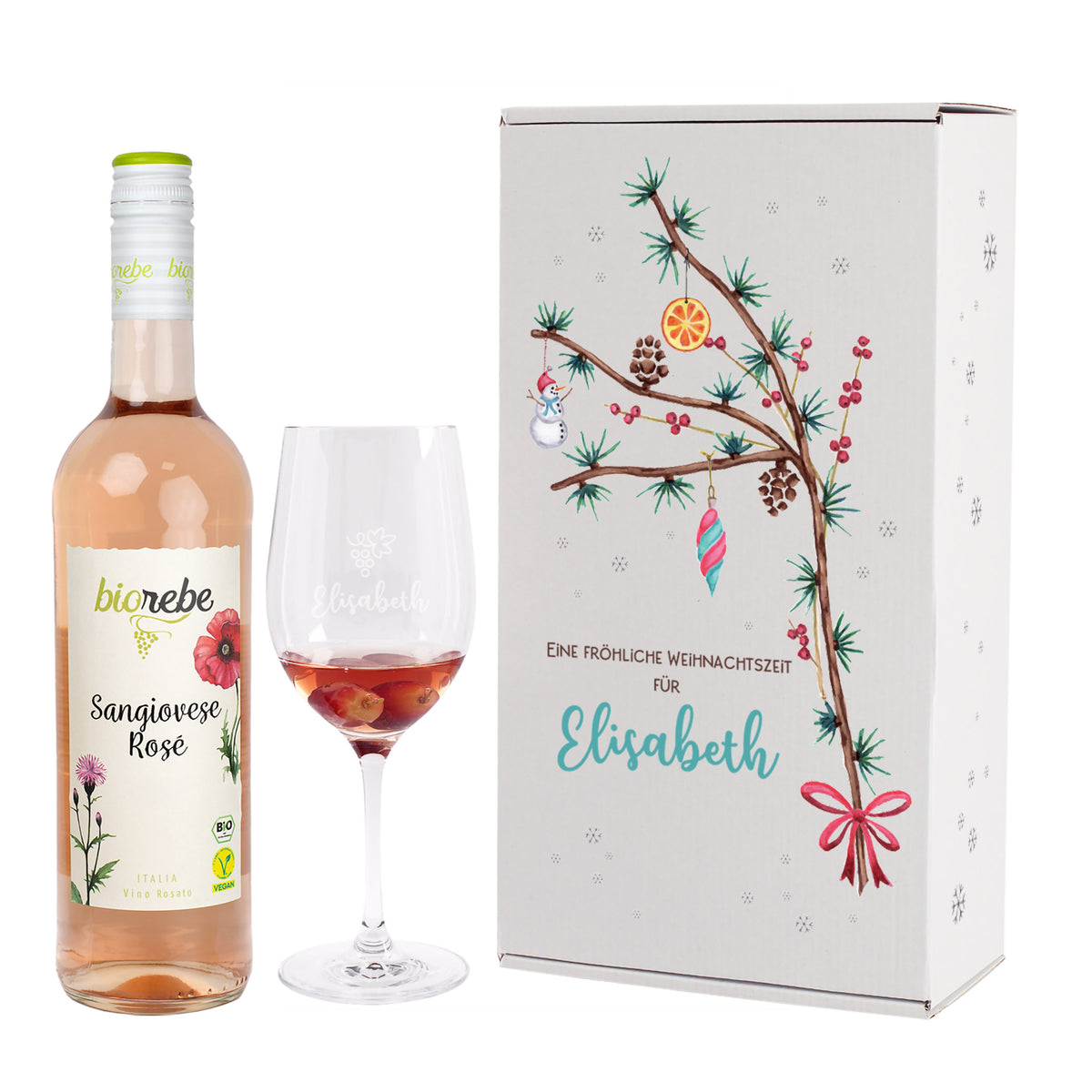 Wein-Geschenkset zu Weihnachten mit Biorebe Wein, Weinglas in festlicher Geschenkbox | 3 Sorten