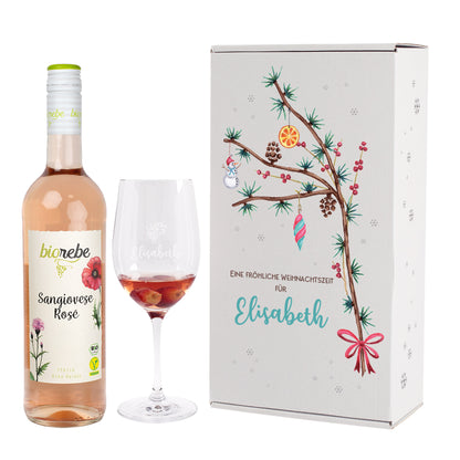 Wein-Geschenkset zu Weihnachten mit Biorebe Wein, Weinglas in festlicher Geschenkbox | 3 Sorten