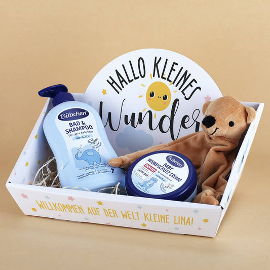 Hallo kleines Wunder - Geschenkkorb in klein mit Wunschtext und Name bedruckt - wahlweise gefüllt