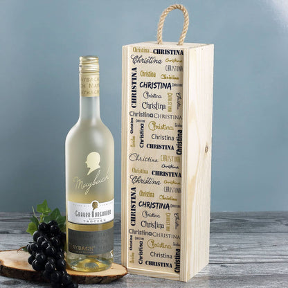 Bedruckte Holzbox mit Ihrem Namen und leckerer Maybach Wein
