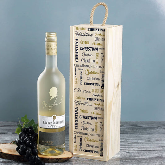 Bedruckte Holzbox mit Ihrem Namen und leckerer Maybach Wein