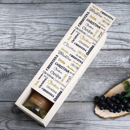 Holzkiste mit bedrucktem Schiebedeckel