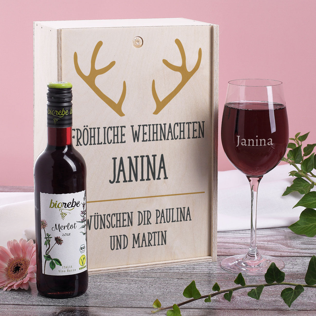 Bio Wein Geschenkset zu Weihnachten mit graviertem Glas und Box