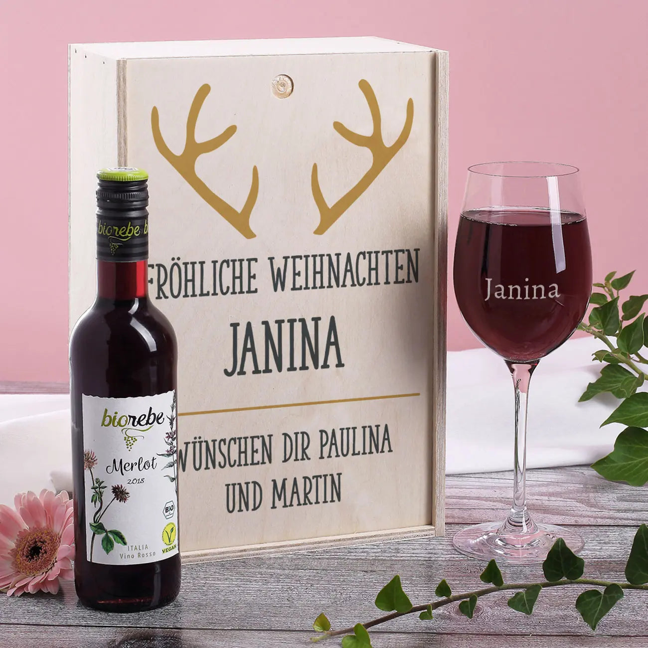 Bio Wein Geschenkset zu Weihnachten mit graviertem Glas und Box