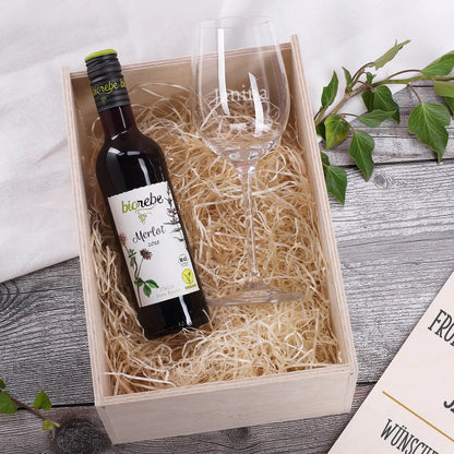 Bio Wein Geschenkset zu Weihnachten mit graviertem Glas und Box