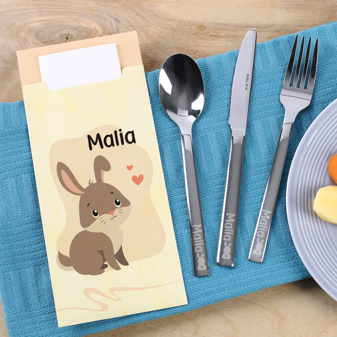 Kinderbesteck mit Hasen-Motiv und Bestecktüte