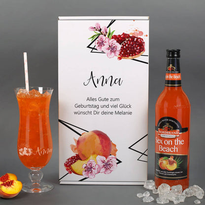 "Sex on the Beach" Cocktail-Set in toller Verpackung und mit graviertem Glas