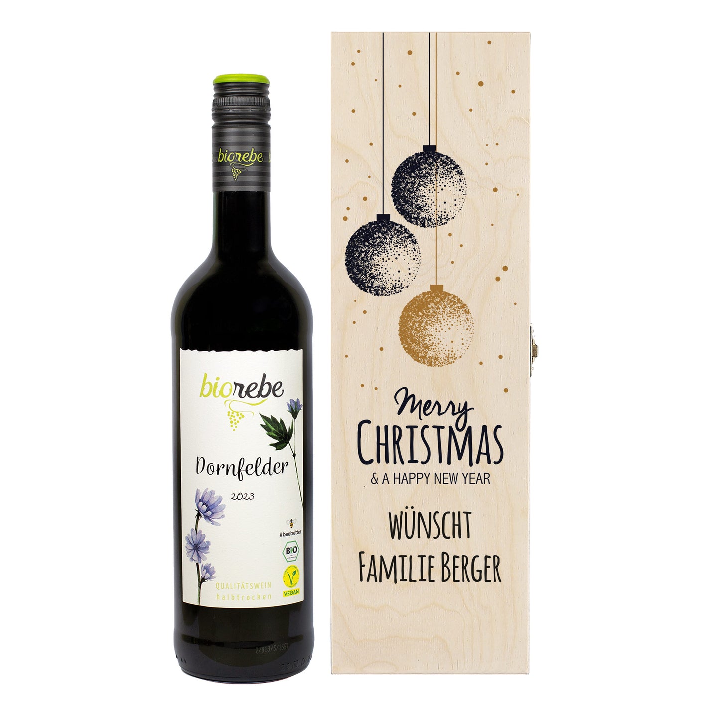 Geschenkset mit Biorebe Dornfelder Rotwein und gravierter Holzbox „Merry Christmas & a Happy New Year“, personalisiert mit „Familie Berger“.