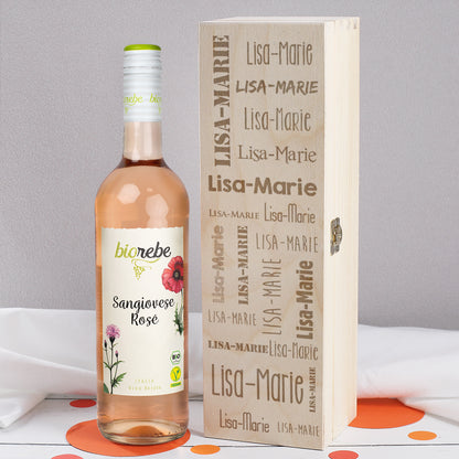 Biorebe Wein in gravierter Holzbox mit Ihrem Wunschnamen | Weißwein, Rotwein, Rosé