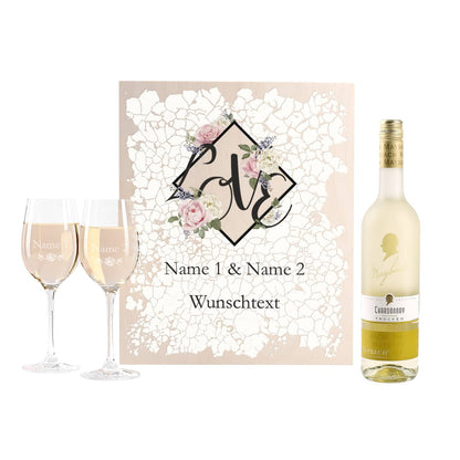 Geschenkset zum Valentinstag mit bedruckter Holzbox, gravierten Weingläsern und frei wählbaren Maybach Weißwein