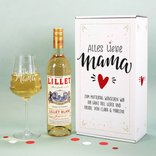 Lillet Geschenkset zum Muttertag mit Weinglas "Beste Mama" und persönlicher Geschenkbox 