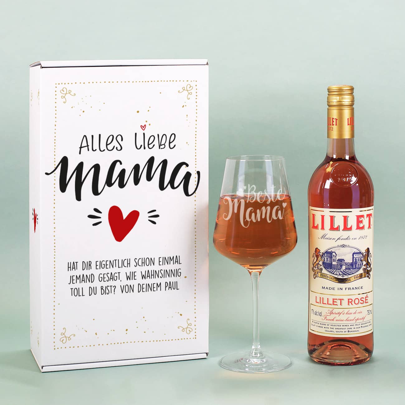 Geschenkset zum Muttertag mit einer Flasche Lillet Rosé, gravierten Weinglas und persönlicher Geschenkverpackung