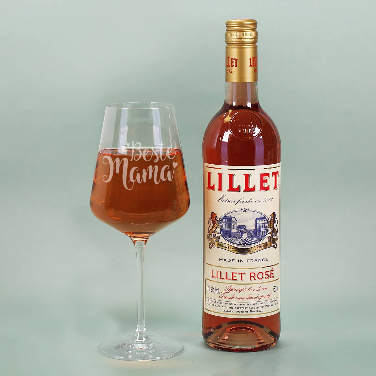Lillet Rosé mit hochwertig gravierten Weinglas von Leonardo