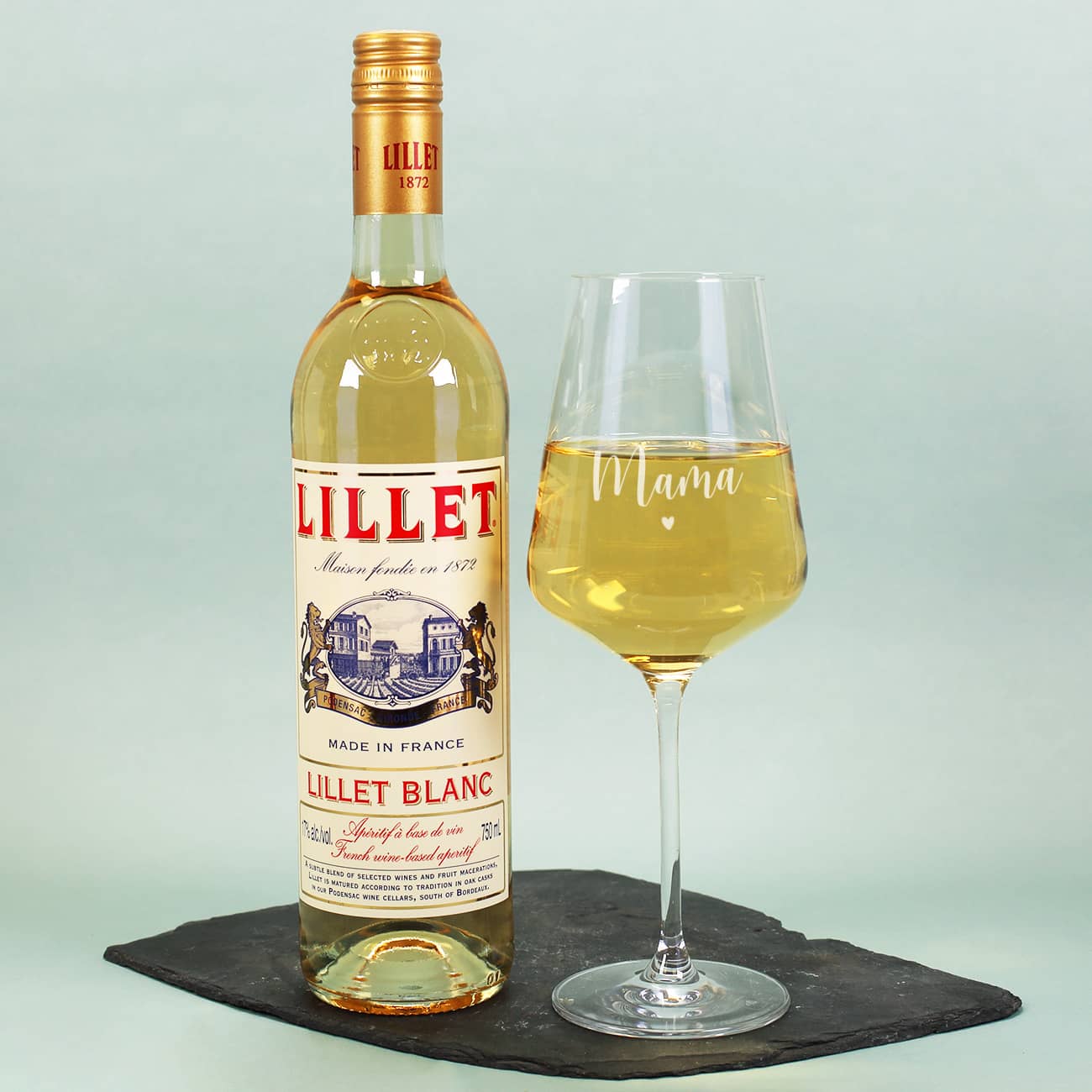 Lillet Blanc mit Weinglas samt Namensgravur und kleinen Herz
