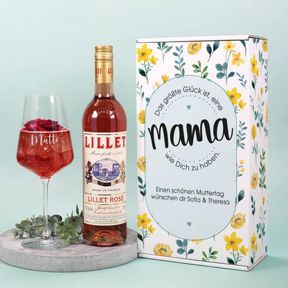 Lillet Präsent zum Muttertag - Das größte Glück ist, eine Mama wie Dich zu haben. - mit gravierten Weinglas und Lillet Rosé