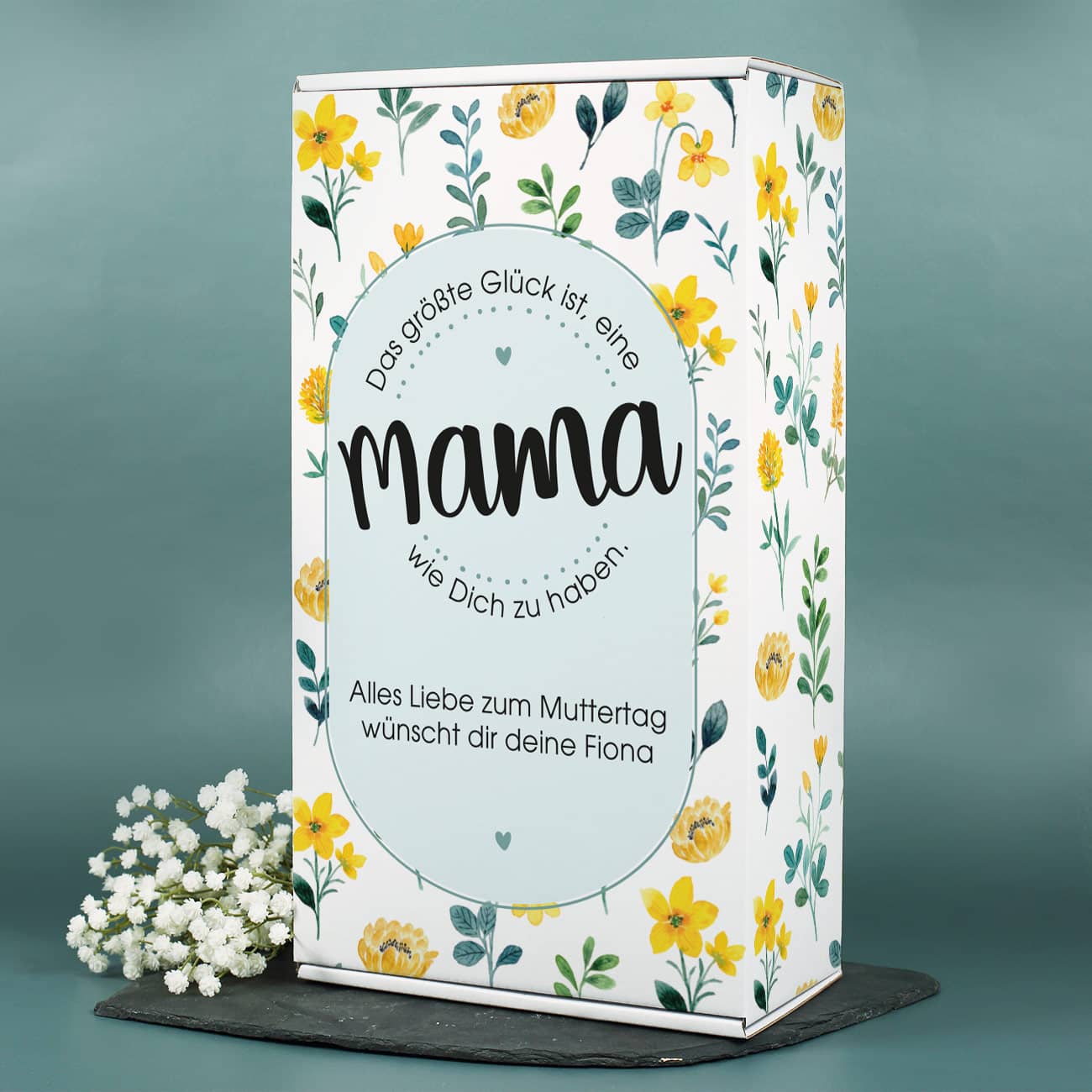 Persönliche Präsentbox - Das größte Glück ist, eine Mama wie Dich zu haben. - mit Ihrem Wunschtext und gelben Blüten bedruckt