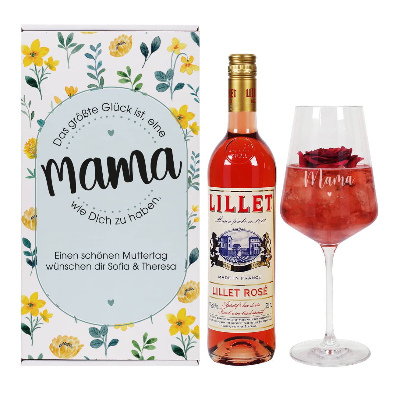 Tolles Geschenkset zum Muttertag mit persönlich gravierten Weinglas, Lillet Rosé und floraler Geschenkbox mit Ihrem Wunschtext