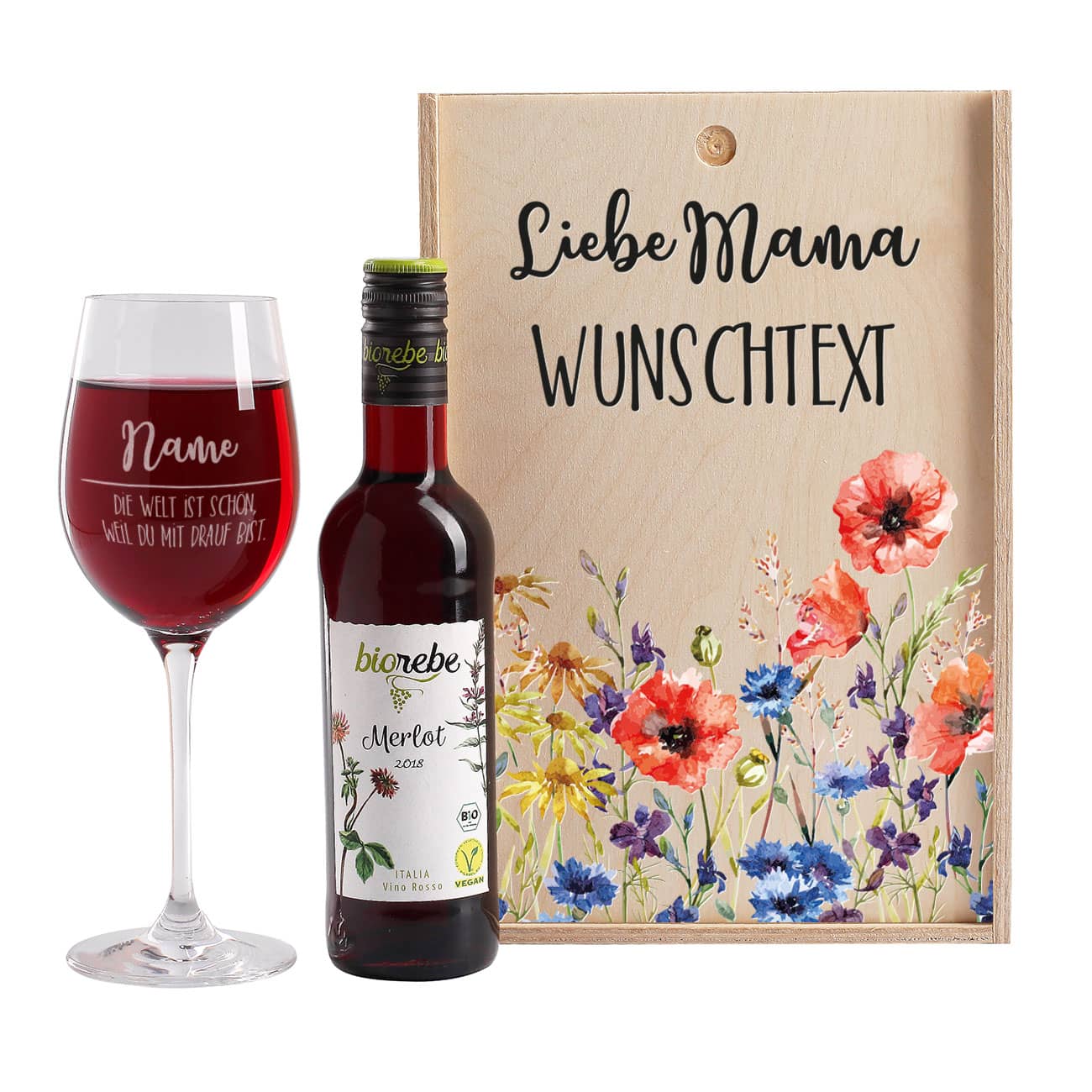 Rotwein Geschenkset zum Muttertag mit Biorebe Merlot, persönlich gravierten Weinglas und passender Holzbox, bedruckt mit Ihrem Wunschtext