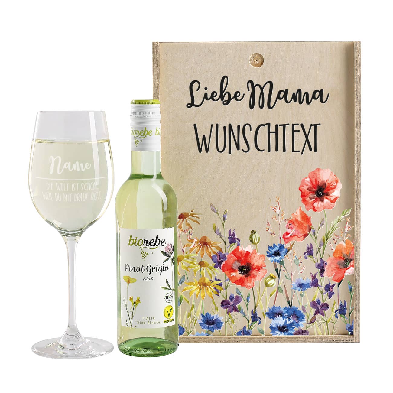 Wein Geschenkset als Geschenk zum Muttertag mit individuel bedruckter Holzverpackung, einem Weinglas mit Namensgravur und einem trockenen Biorebe Weißwein