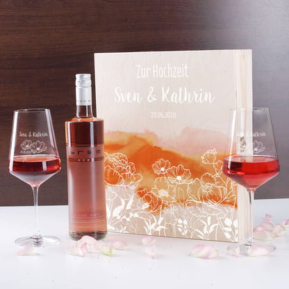 Wein-Set zur Hochzeit mit zwei gravierten Gläsern in persönlicher Box