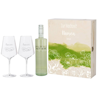 Weißwein-Geschenkset zur Hochzeit mit Blumen im Lineart Stil, Ihren Wunschnamen und einem Datum gestaltet