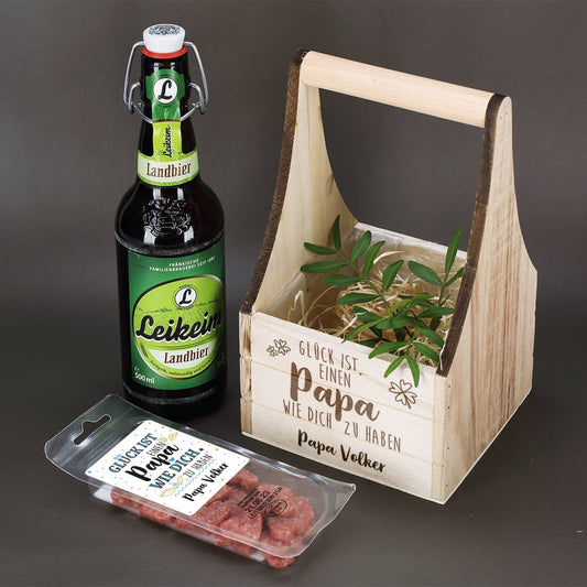 Geschenkset zum Vatertag - Wurst & Bier in einem personalisierten Pflanzkorb