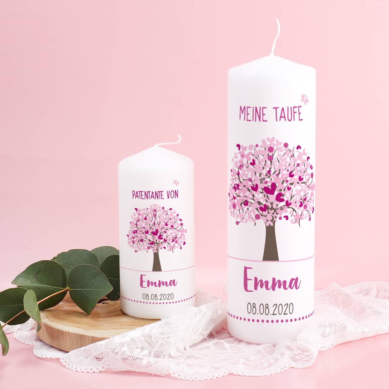 Taufkerze mit passender Patenkerze - rosa Lebensbaum