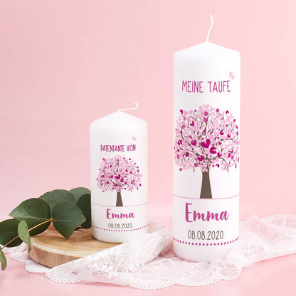 Taufkerze mit passender Patenkerze - rosa Lebensbaum
