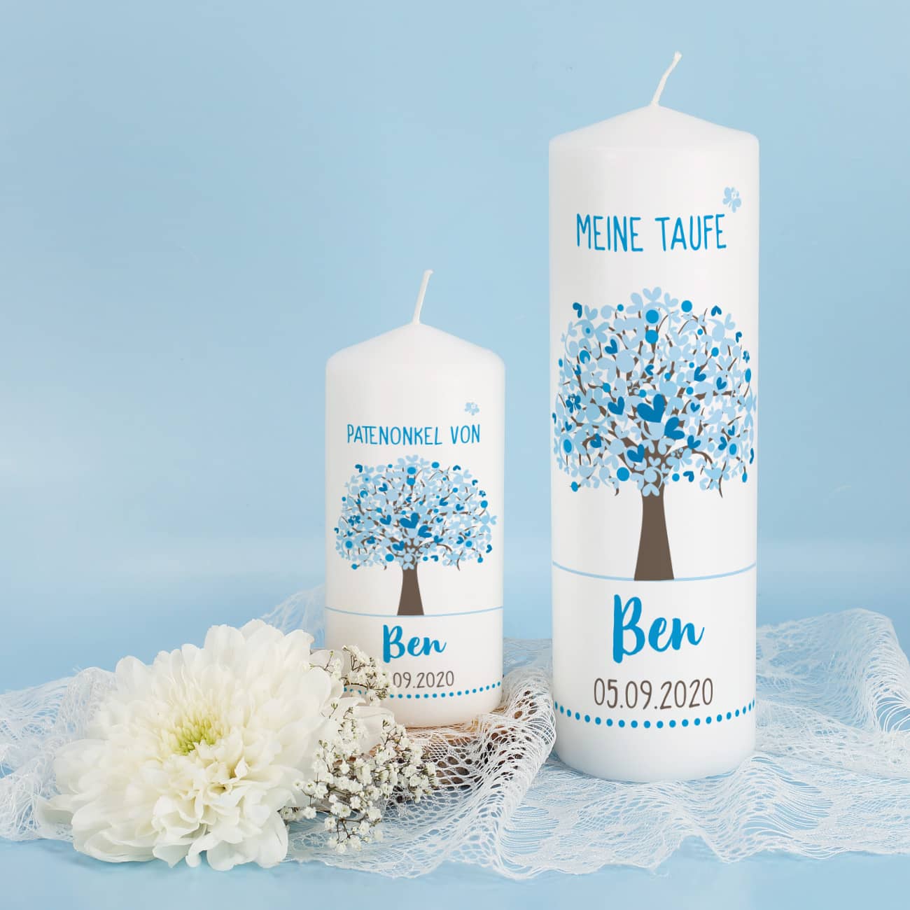 Bedruckte Taufkerze im Set mit Patenkerze